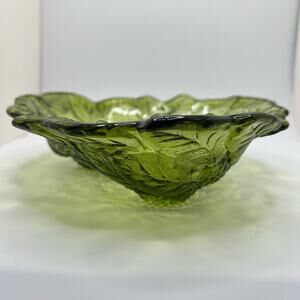 VINTAGE Indiana Glass Green Bowl Loganberry Leaf Print Fall Decor Cottagecore